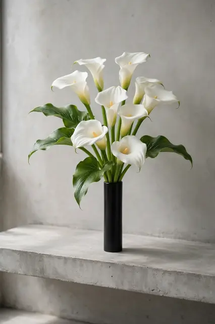 Arrangement of white calla lilies in a slim black vase resting on a minimalist concrete shelf