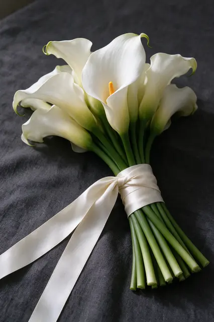 Bridal bouquet of white calla lilies tied with ivory satin resting on dark charcoal linen fabric