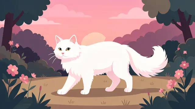 Fluffy white Turkish Angora cat walks along a garden path under a soft pink dusk sky