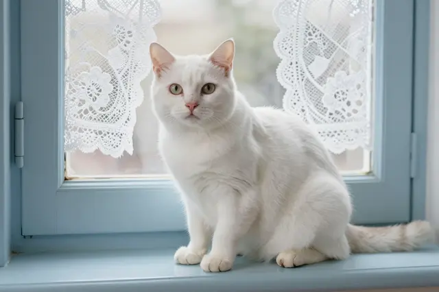 A fluffy white domestic cat sits upright on a pale blue windowsill beside lace curtains