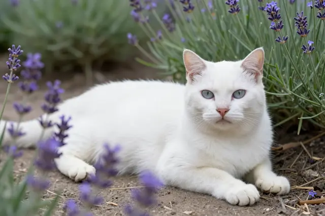A white domestic cat with pale blue eyes lies on soil among lavender plants in a garden