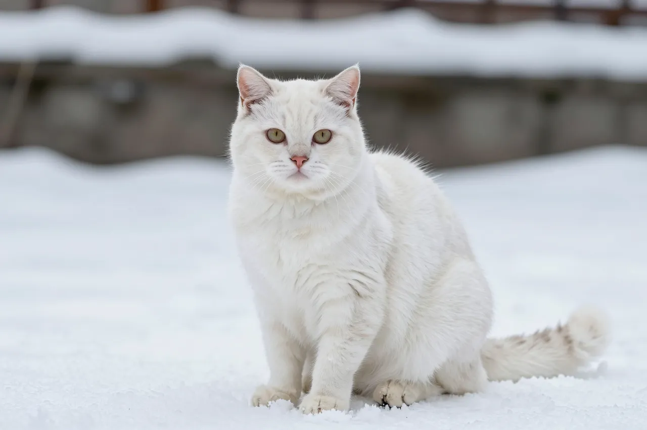 A fluffy white cat sits calmly on fresh snow looking directly at the camera
