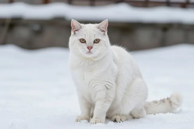 A fluffy white cat sits calmly on fresh snow looking directly at the camera