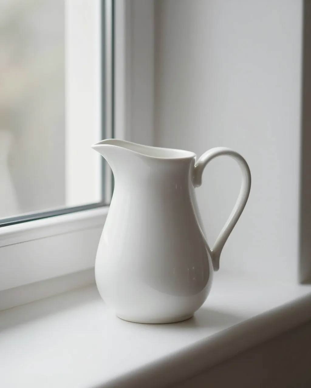 A plain white ceramic pitcher sits alone on a bright white windowsill in soft daylight.