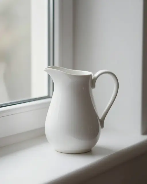 A plain white ceramic pitcher sits alone on a bright white windowsill in soft daylight.