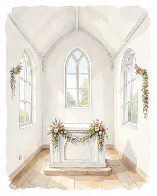 Soft watercolor of a bright small white chapel interior with a flower-decorated altar and sunlit arched windows