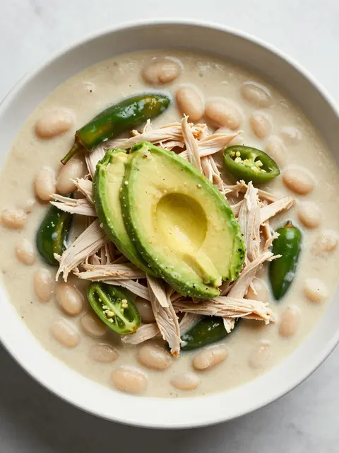 Overhead view of a white bowl of creamy white chicken chili topped with avocado, jalapenos and shredded chicken on a light