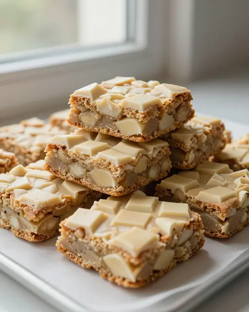 Stacked square blondies with white chocolate chunks sit on parchment near a sunlit window