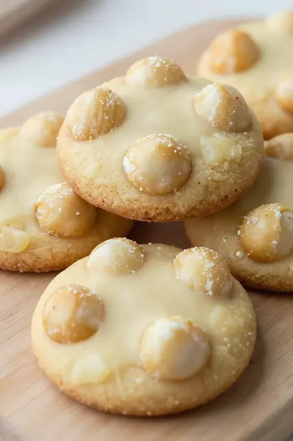 Stacked white chocolate macadamia cookies rest on a light wooden board with soft natural lighting.