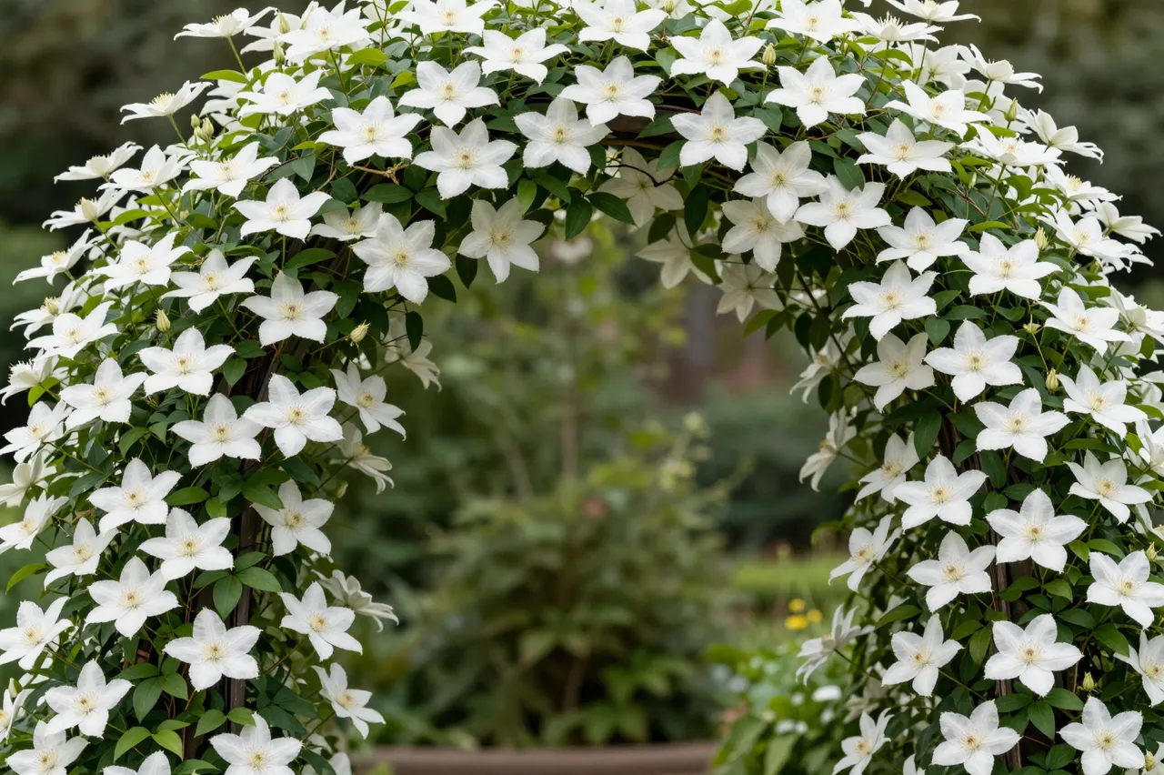 Dense white clematis flowers cover a curved garden arch with soft blurred green garden foliage in the background