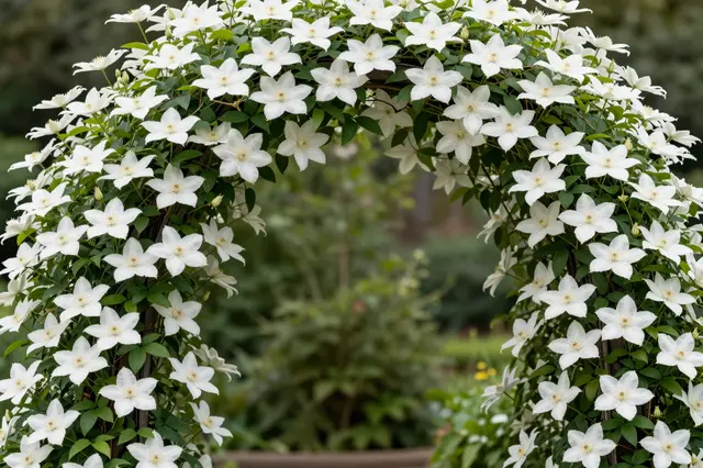 Dense white clematis flowers cover a curved garden arch with soft blurred green garden foliage in the background