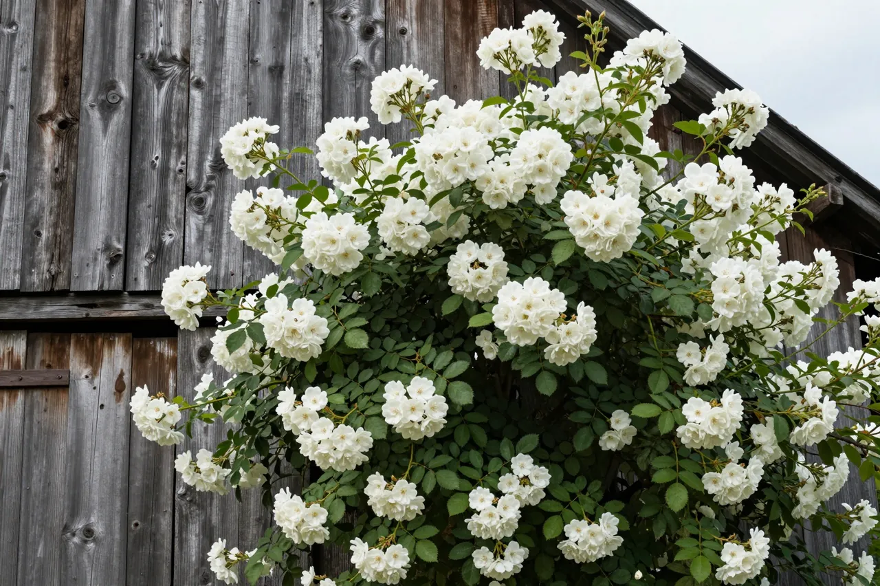 Rambling white rose blooms cover the weathered wooden wall of an old barn under overcast sky