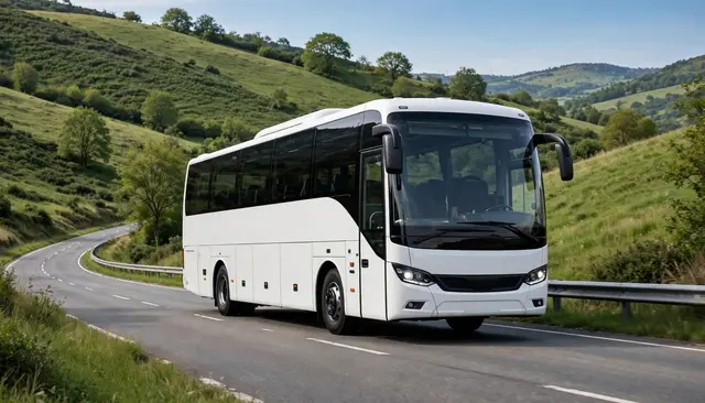 Plain white modern coach bus travels on a winding paved road through rolling green hills under a clear sky