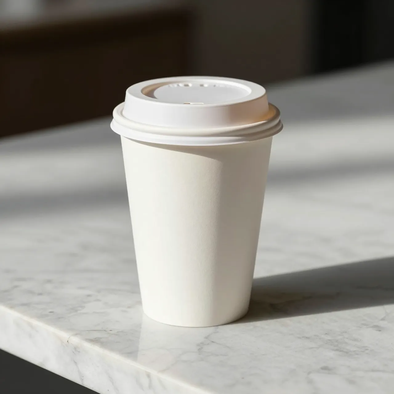 Plain white paper coffee cup with a lid sits on a marble counter in soft morning light.