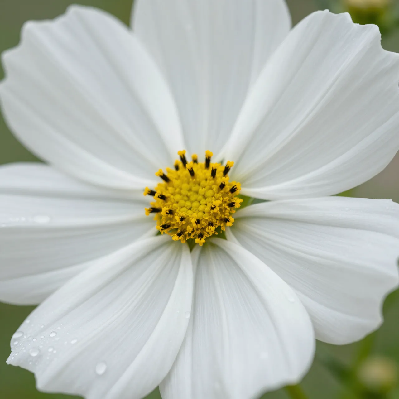 Close-up macro of a white cosmos flower with clear morning dew droplets on its petals