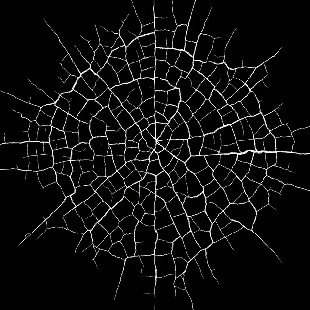 Fine radial white crackle lines resembling aged varnish over a solid pure black background