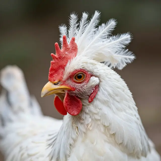 Close up portrait of a Polish chicken with a spiky wild white crest against a blurred natural background