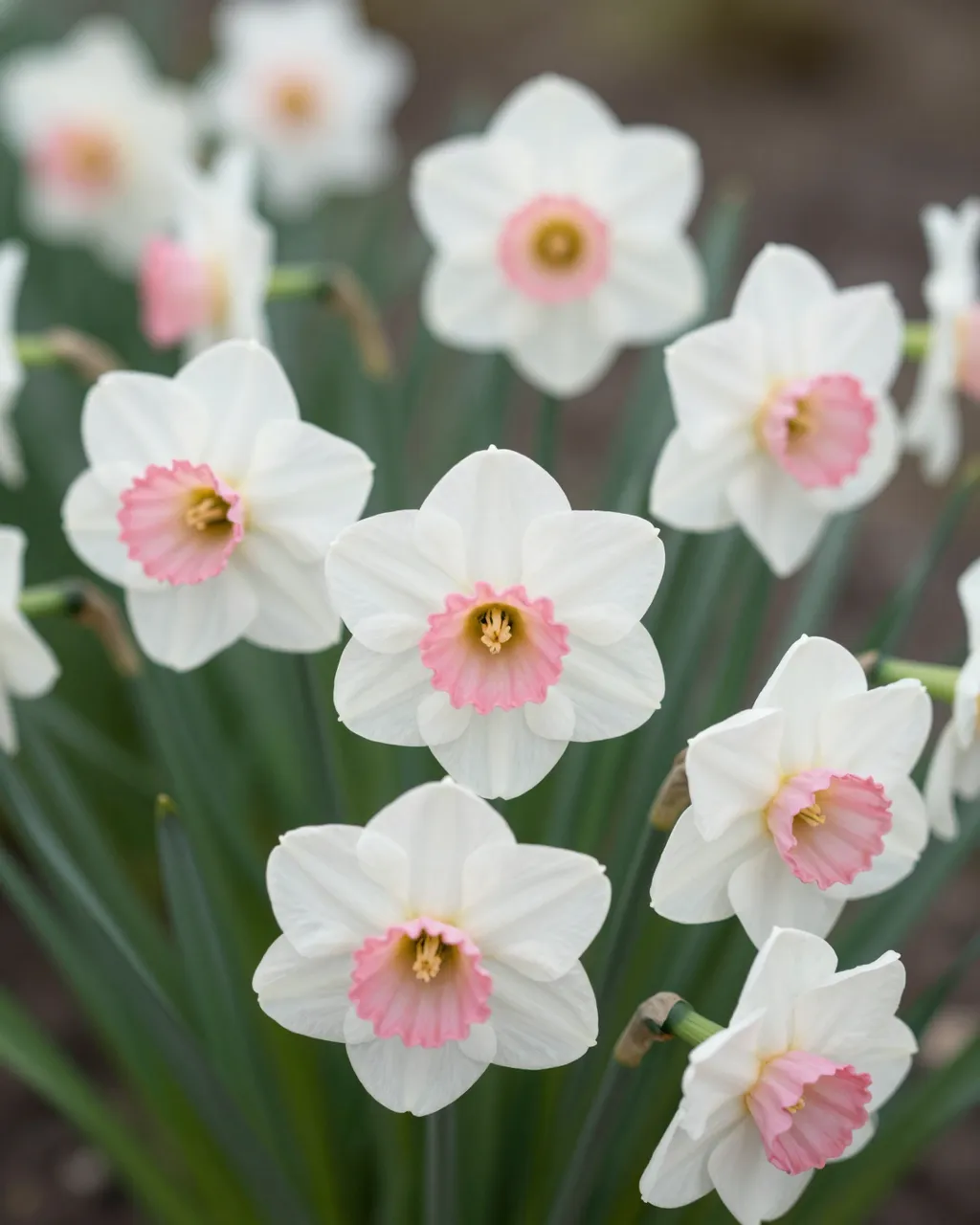Sharp close-up of white daffodil blooms with soft pink ruffled centers growing in a spring garden bed.