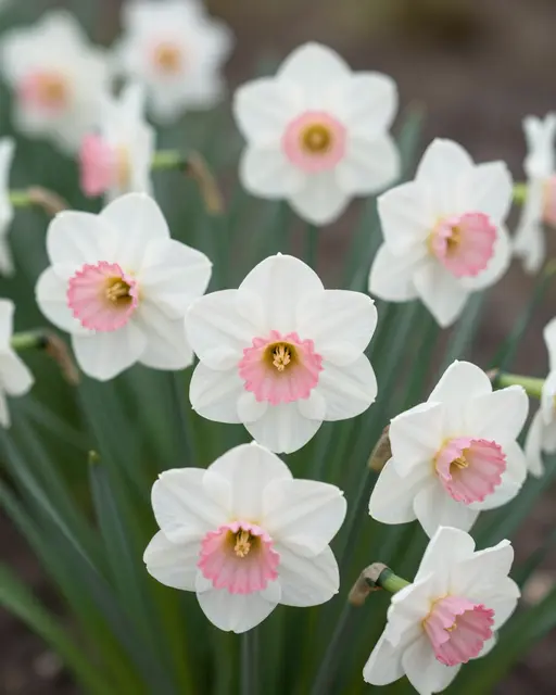Sharp close-up of white daffodil blooms with soft pink ruffled centers growing in a spring garden bed.