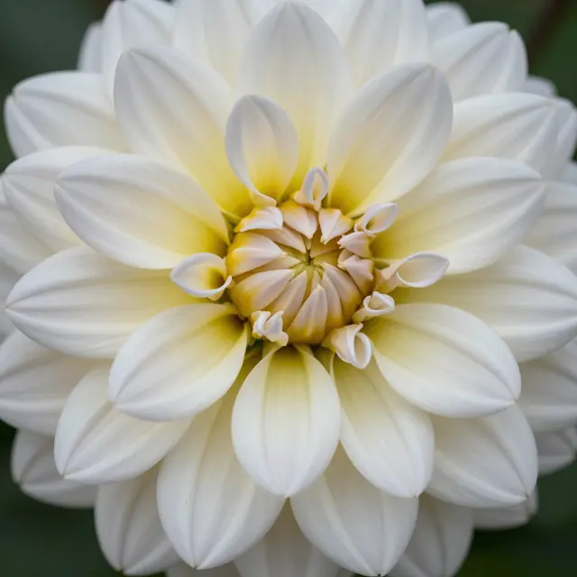 Extreme close-up of a layered white dahlia flower with pale yellow center against blurred green foliage