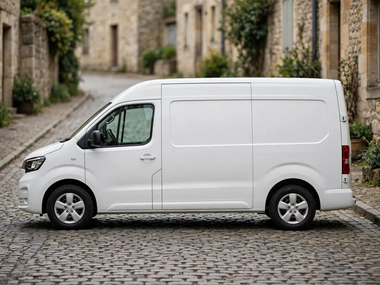 Side view of a plain white modern delivery van parked on a cobbled historic village lane