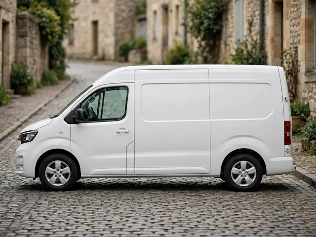 Side view of a plain white modern delivery van parked on a cobbled historic village lane