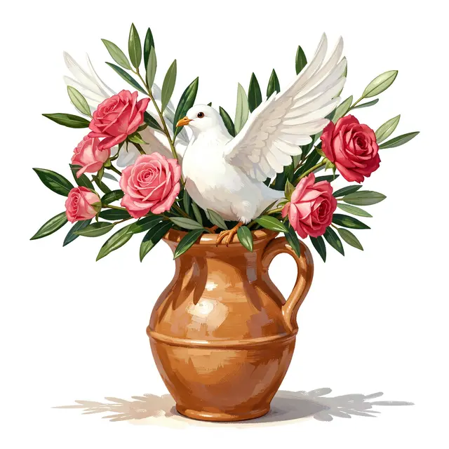 A gouache painted white dove perched in a terracotta jug with pink roses and olive branches against a white background