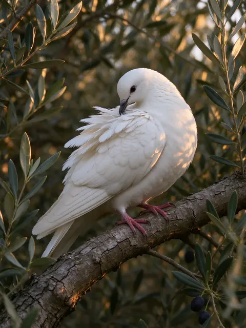 A white dove preens its feathers while perched on an old olive tree branch in warm golden evening light.