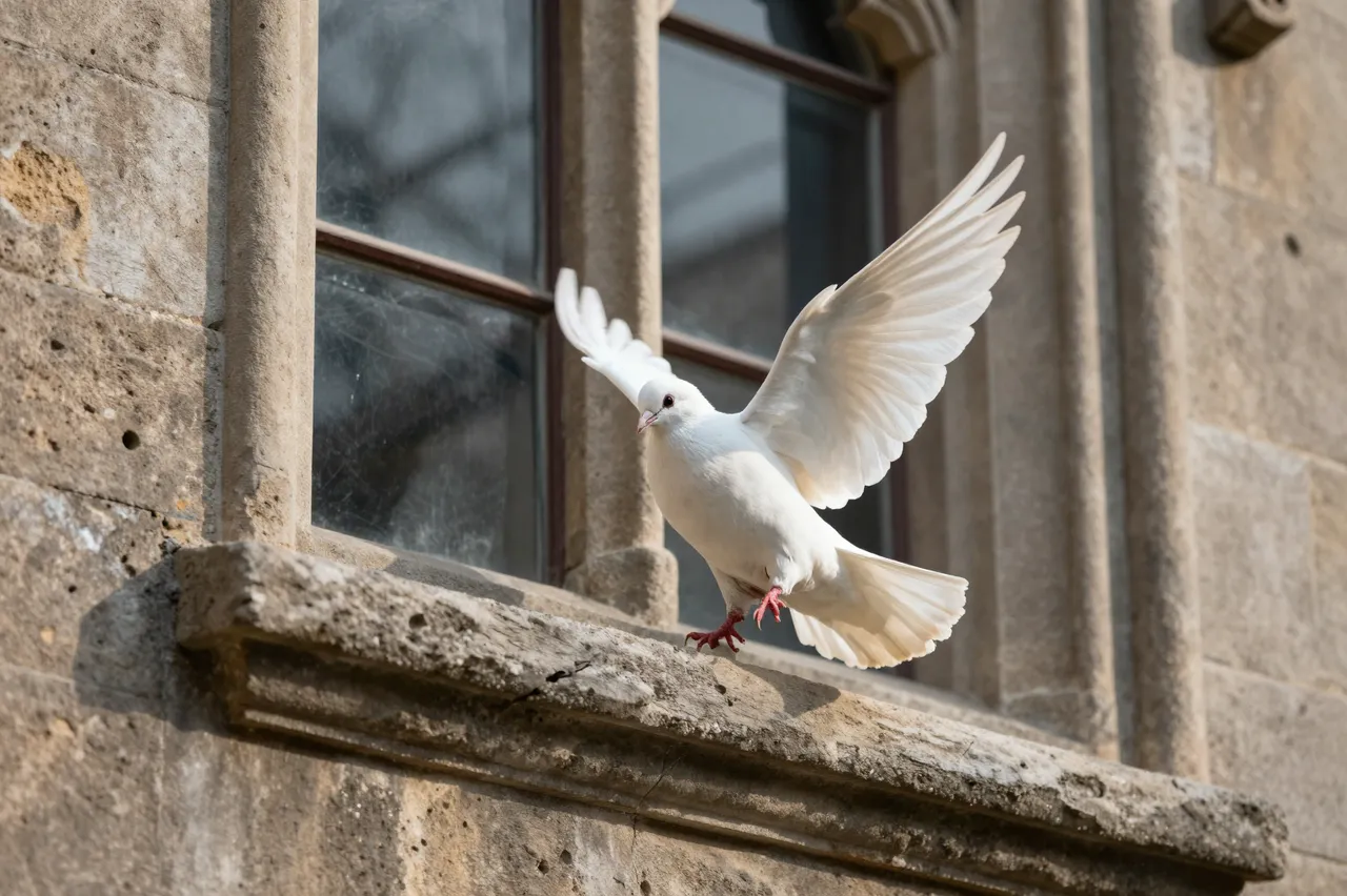 A white dove spreads its wings while launching from a weathered stone chapel windowsill in soft morning light