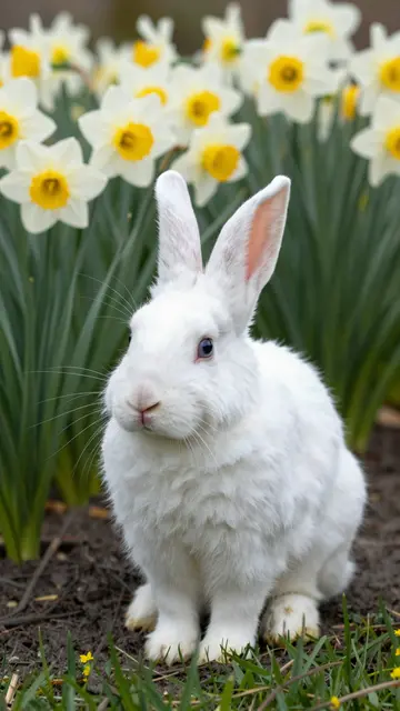 A fluffy white rabbit sits on garden soil in front of blooming white and yellow daffodils