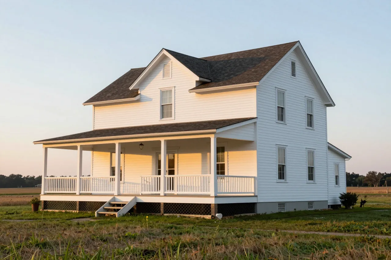 White two-story farmhouse with a wraparound porch sits beside rural fields under warm sunset light