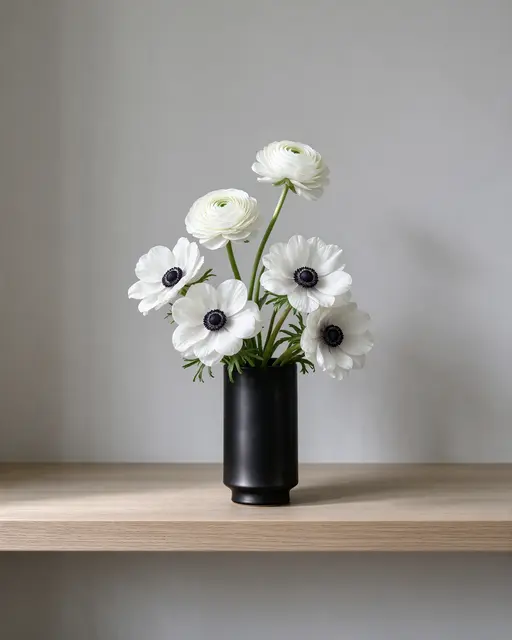 White ranunculus and anemone flowers sit in a matte black vase on a pale oak shelf against a light gray wall