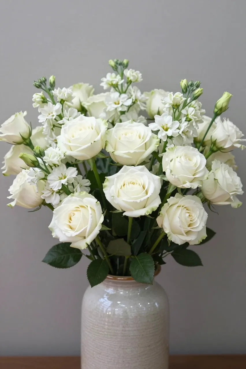 All-white rose and filler flower bouquet in a textured ceramic vase against a neutral gray wall