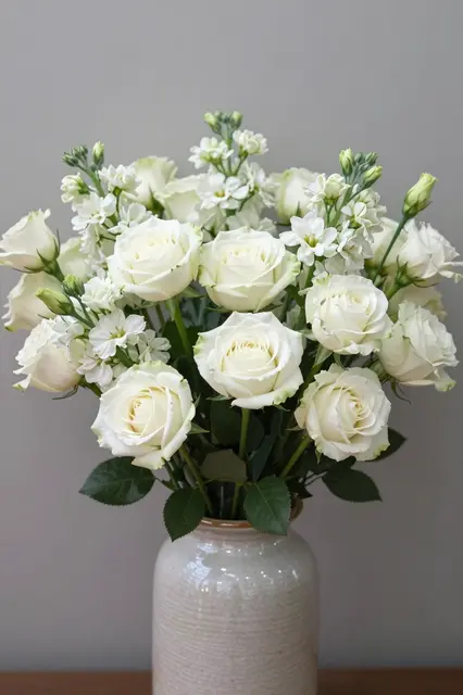 All-white rose and filler flower bouquet in a textured ceramic vase against a neutral gray wall