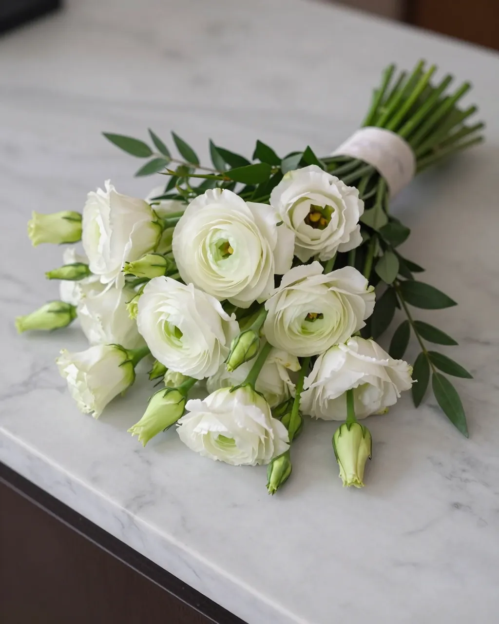 Hand-tied bouquet of white ranunculus, lisianthus and greenery rests on a light marble countertop.