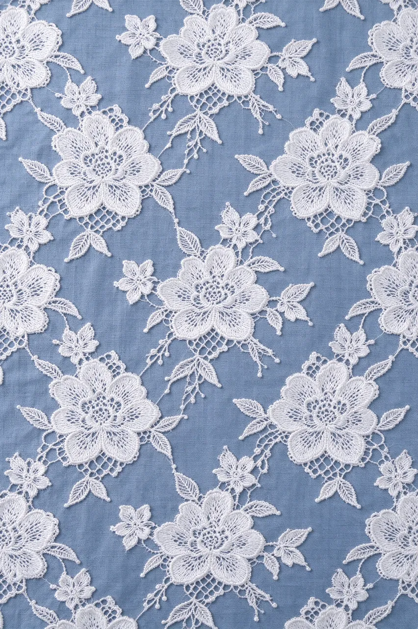 Full frame close-up of white corded floral lace overlaying soft dusty blue woven cloth with even flat lighting.