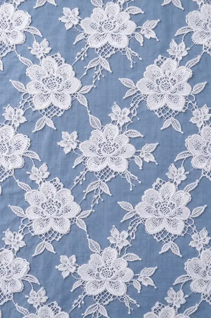 Full frame close-up of white corded floral lace overlaying soft dusty blue woven cloth with even flat lighting.