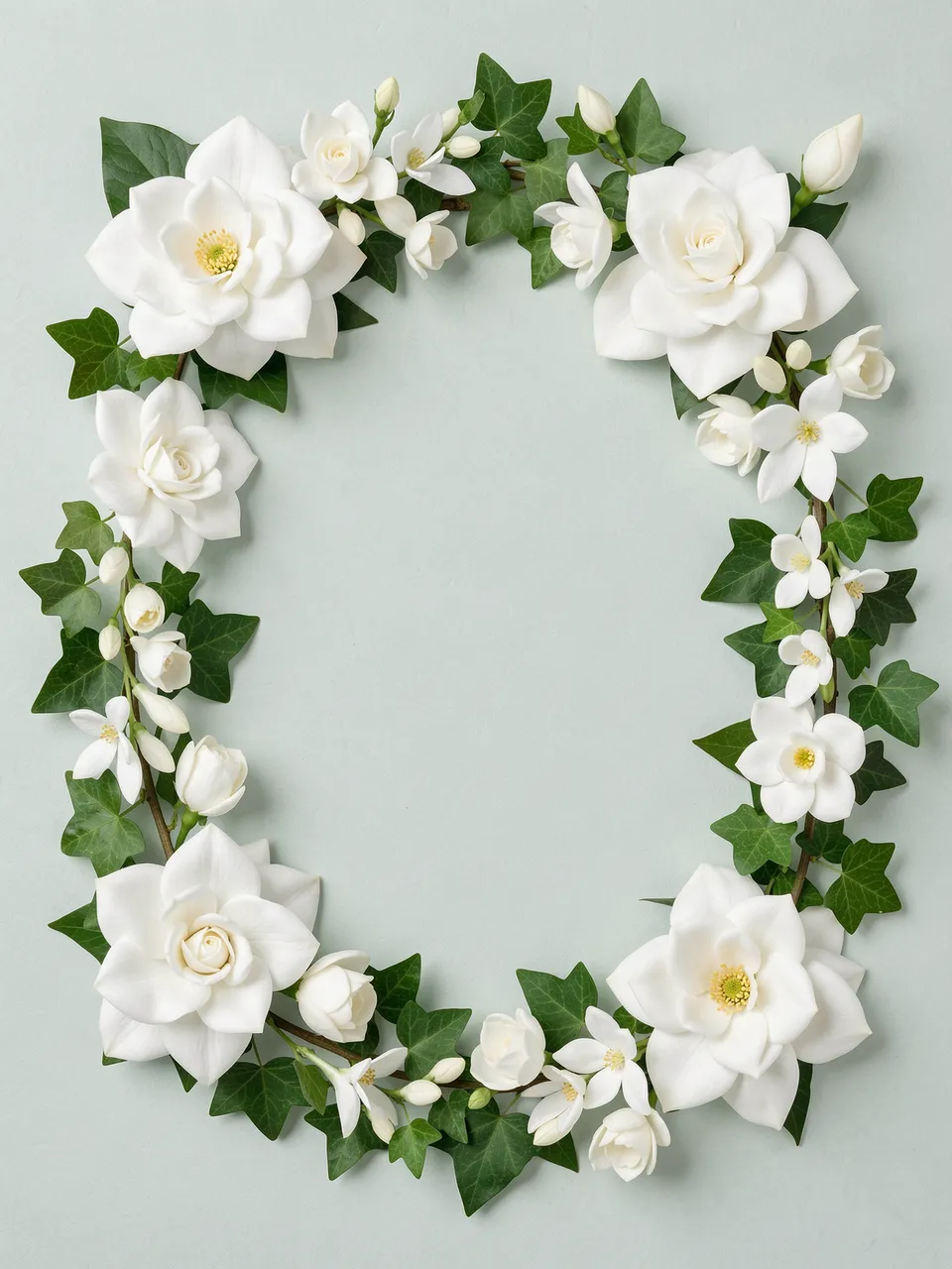 An oval frame of white gardenias, stephanotis and ivy rests on pale sage green paper with empty central copy space.