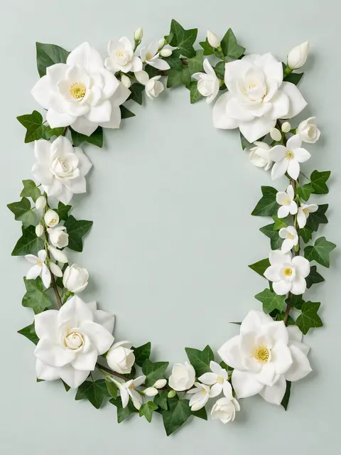 An oval frame of white gardenias, stephanotis and ivy rests on pale sage green paper with empty central copy space.