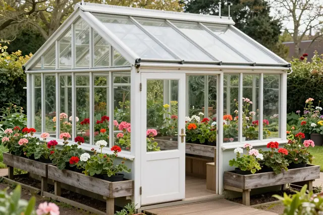 A white framed glass greenhouse surrounded by blooming geraniums in a sunlit walled garden