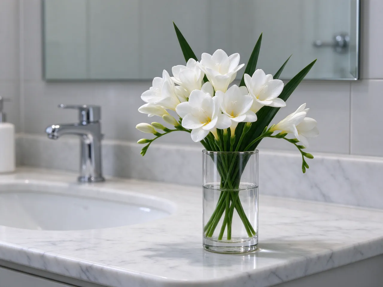 A clear glass vase of blooming white freesias sits on a polished white marble bathroom vanity.