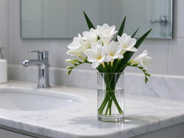 A clear glass vase of blooming white freesias sits on a polished white marble bathroom vanity.