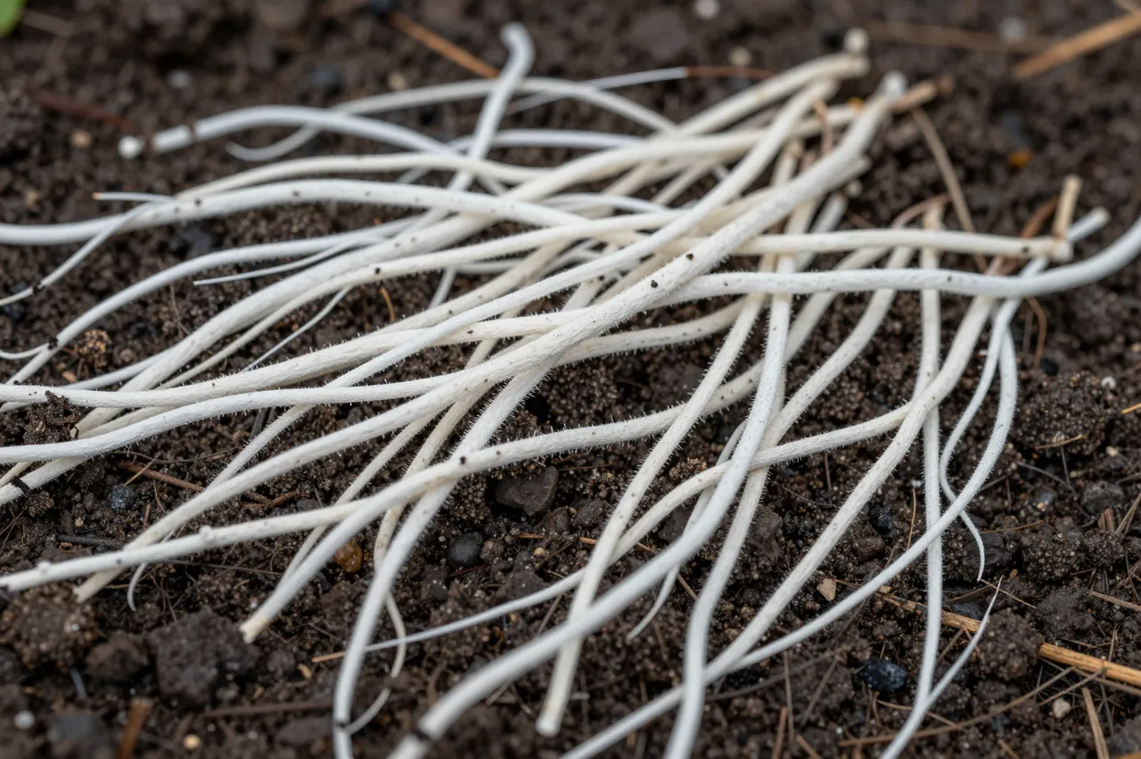 Tangled thin white fungal filaments spread across crumbly dark garden soil in macro view