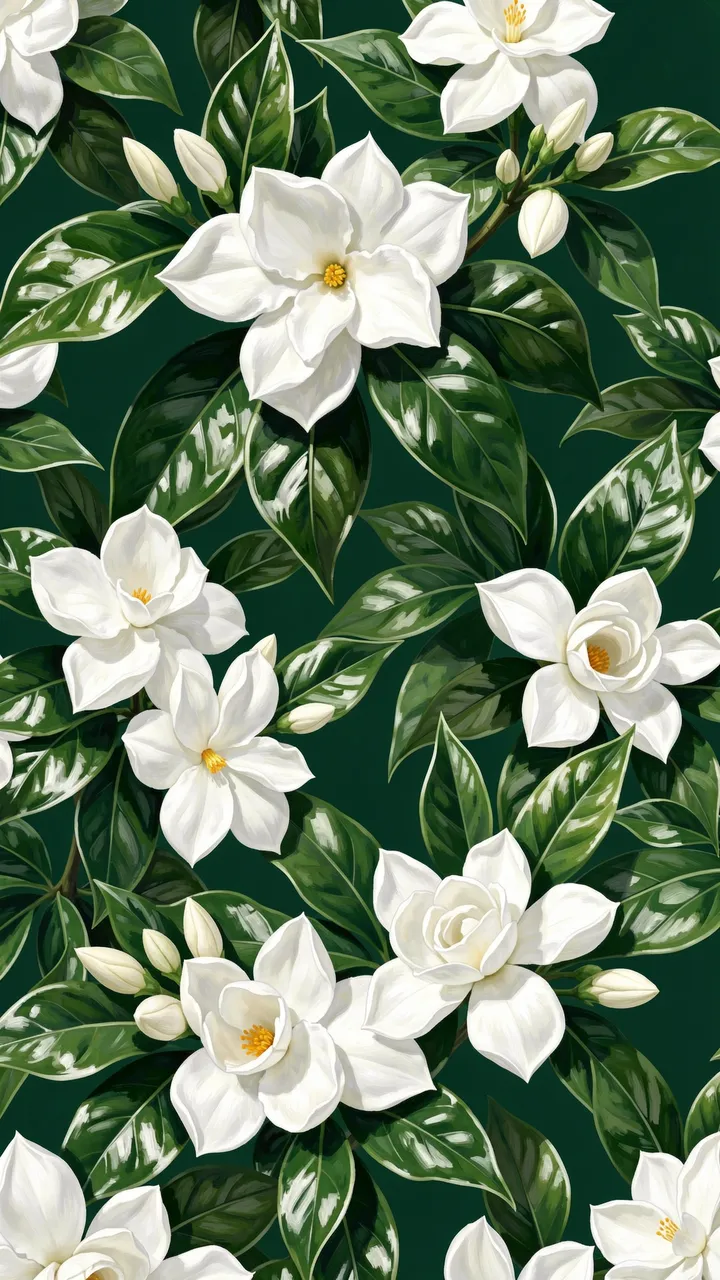 Painterly vertical pattern of white gardenias and glossy leaves against a deep emerald background