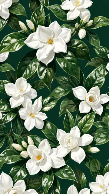 Painterly vertical pattern of white gardenias and glossy leaves against a deep emerald background