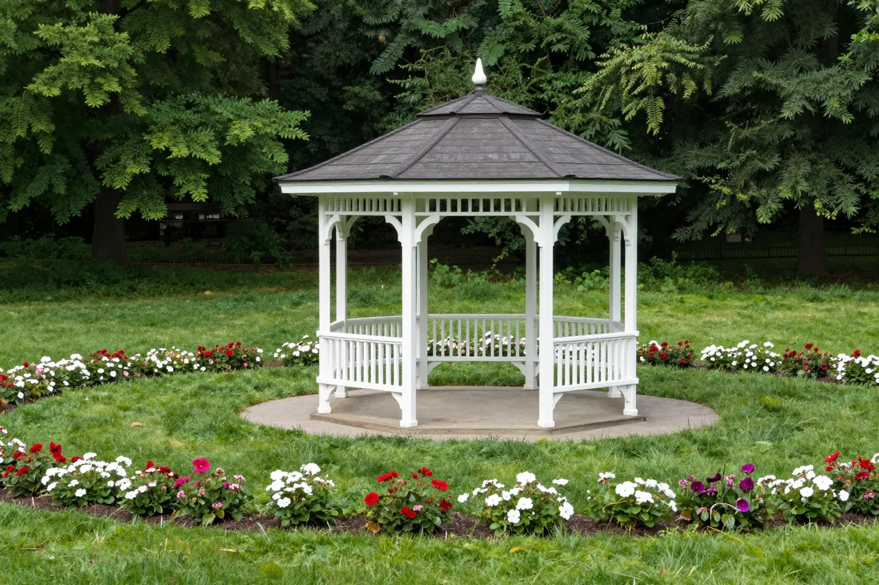 A white wooden gazebo with a dark roof sits on a concrete pad surrounded by flowering borders in a green city park