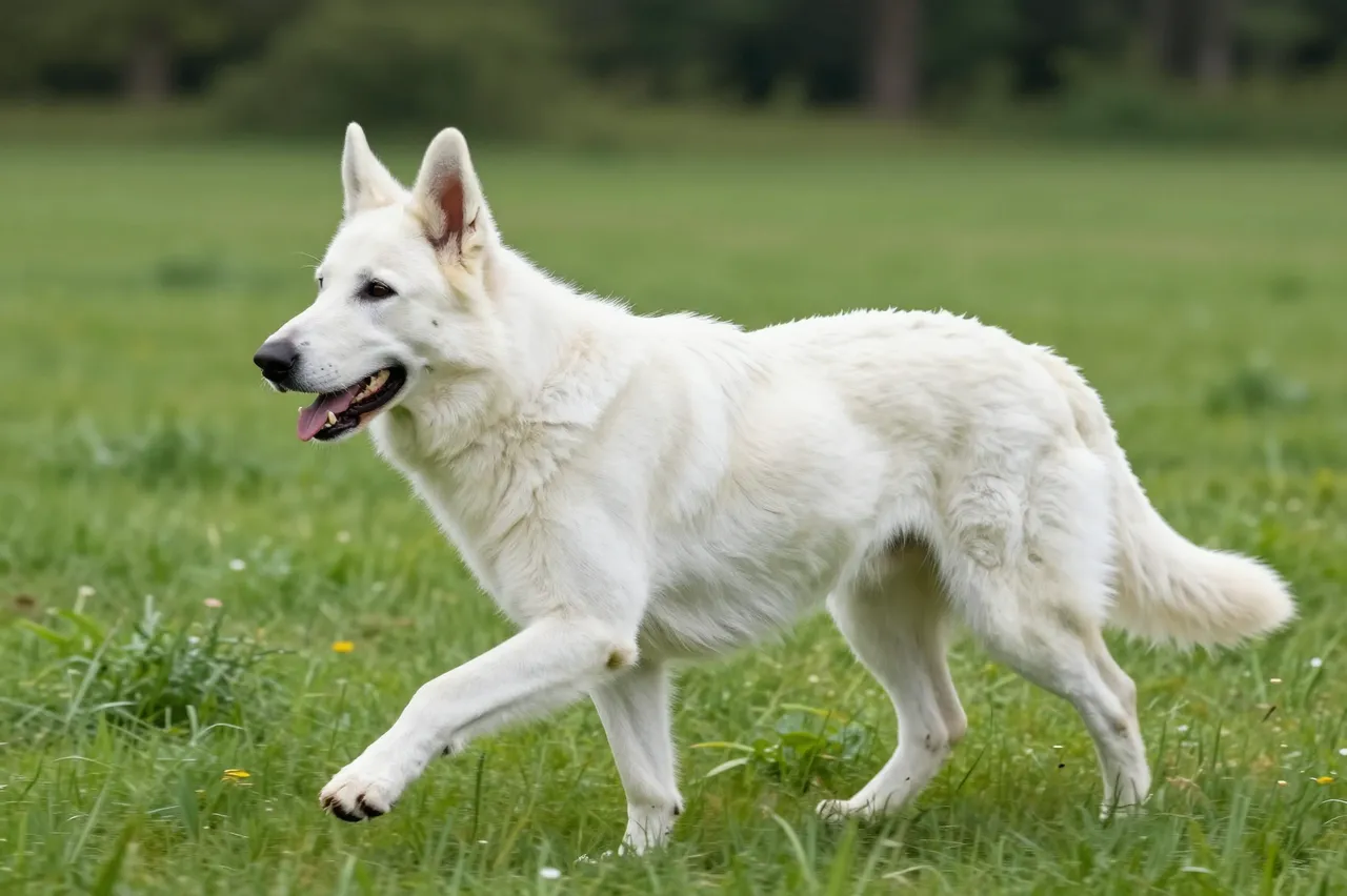 Side view of a white German shepherd walking through a lush green summer meadow