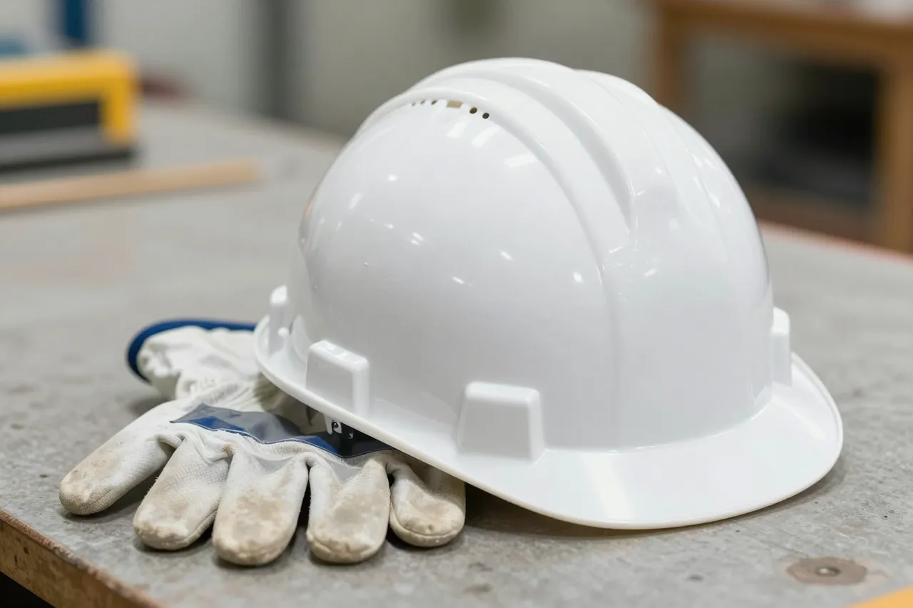 A glossy white hard hat rests atop used work safety gloves on a textured workshop workbench.