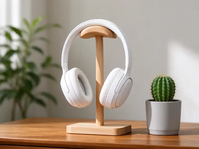 Plain white over-ear headphones rest on a wooden stand next to a small potted cactus on a sunlit wooden desk