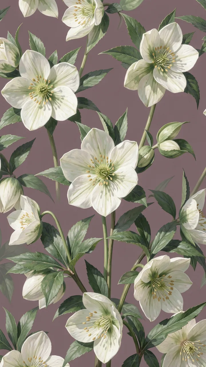 Soft painted arrangement of green-tinged white hellebore flowers on a dusky mauve background